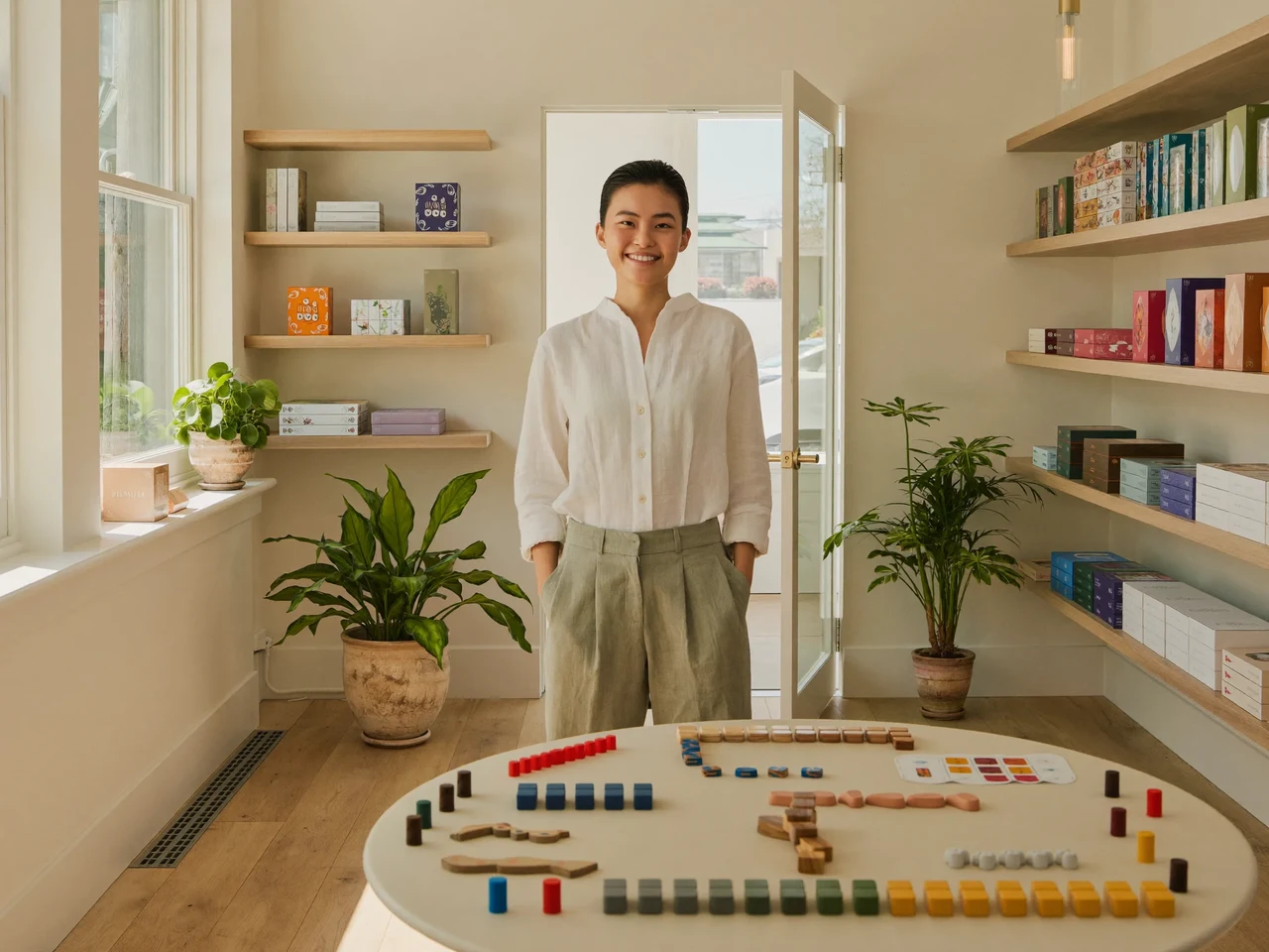 Intérieur lumineux d'une boutique de jeux de société avec étagères en bois clair