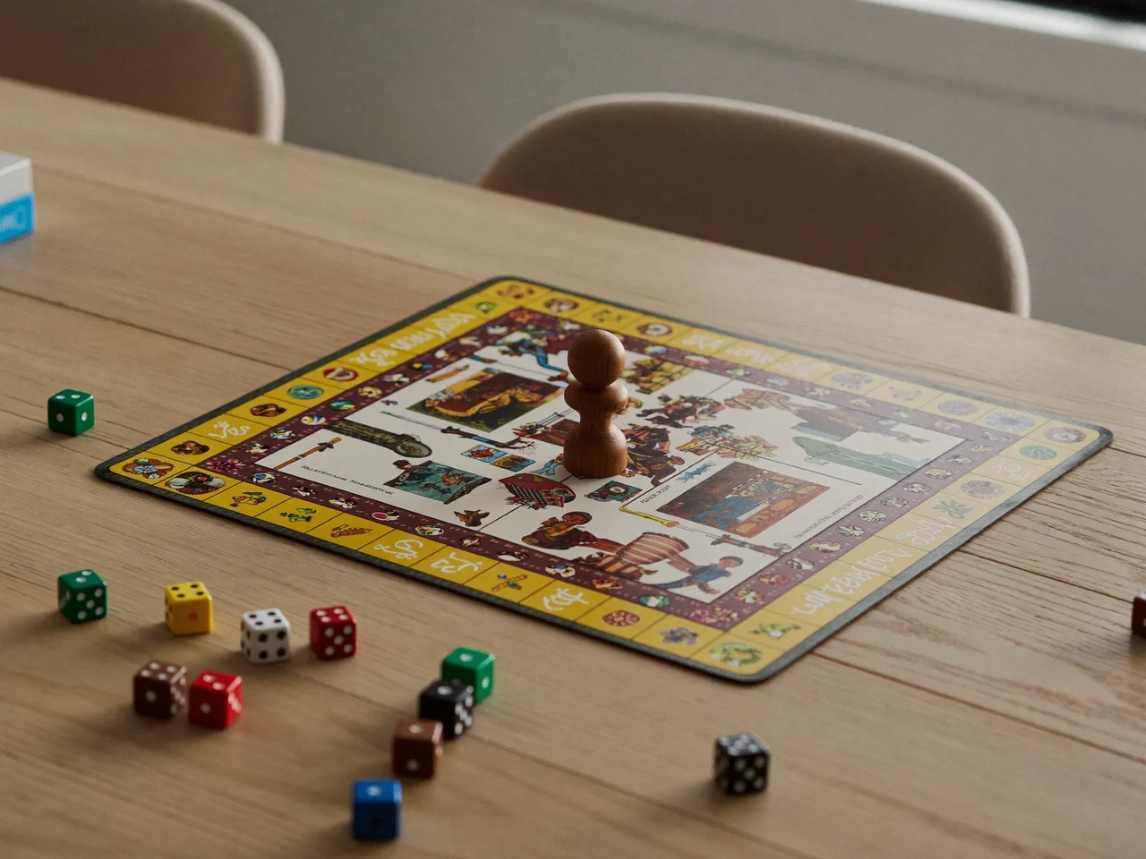 Jeu de famille ouvert sur une table en chêne clair, avec pions en bois