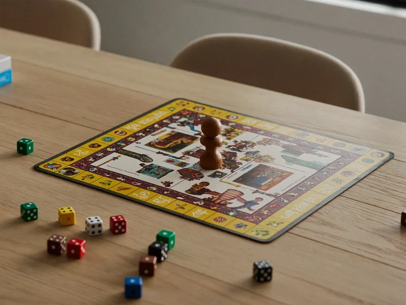 Jeu de famille ouvert sur une table en chêne clair, avec pions en bois