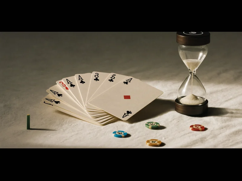 Paquet de cartes en éventail à côté d'un petit sablier sur du lin