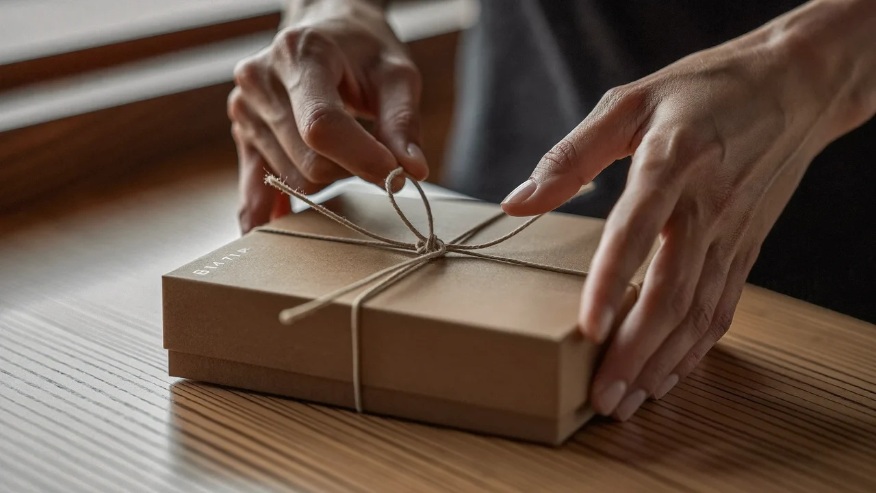 Mains emballant une boîte de jeu dans du papier kraft sur un comptoir