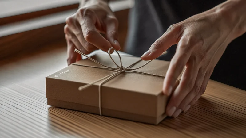 Mains emballant une boîte de jeu dans du papier kraft sur un comptoir